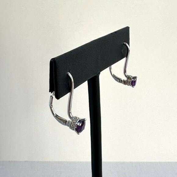 Sterling Silver Drop Earrings With Amethyst Stones For Pierced Ears 1" - Picture 3 of 11